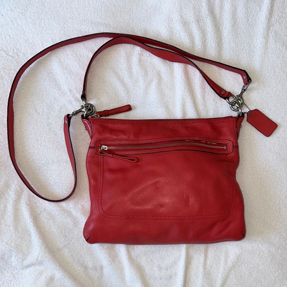Coach Poppy Red Leather Bag Silver Hardware‎ Black Liner Crossbody Strap